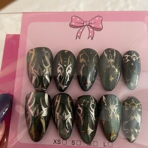 Hand Painted Stiletto Press-On Nails in Shimmering Forest Green